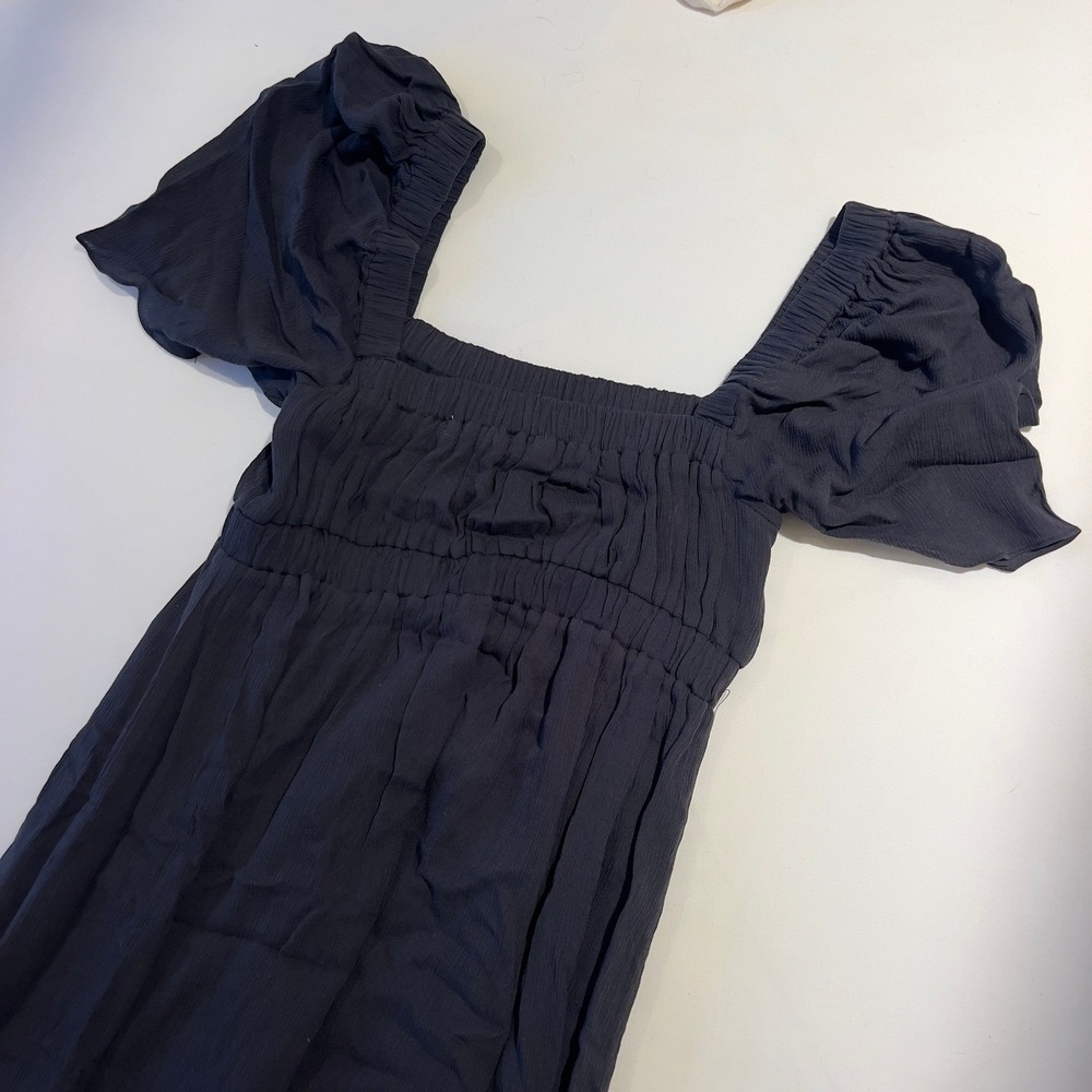 Anna Nata Black Smocked Maxi Dress Square Neck Puff Sleeve Crinkle Texture Small